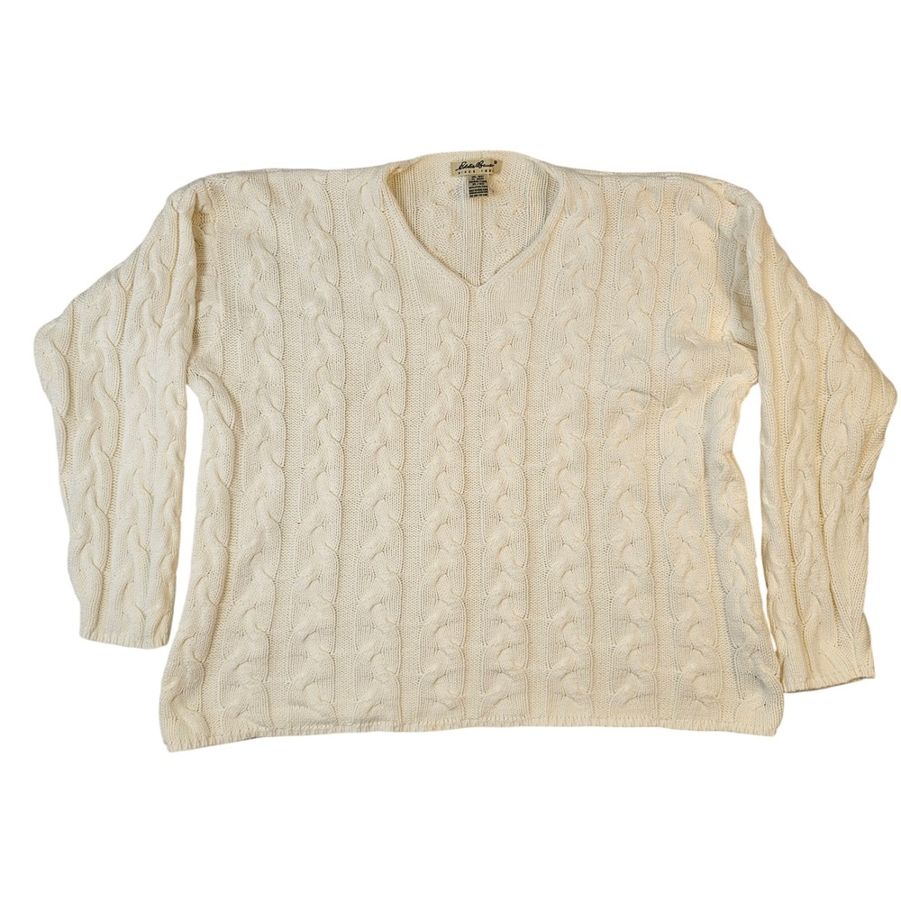 Eddie Bauer Womens XL Cream Cable Knit V-Neck Cotton Sweater Off White L/S